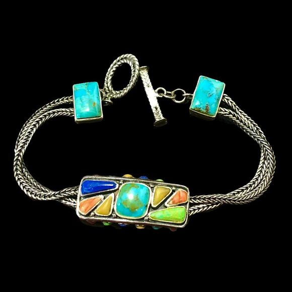 BARSE Sterling Silver Turquoise Coral Lapis Cabochon Thai Weave Toggle Bracelet - Picture 7 of 15